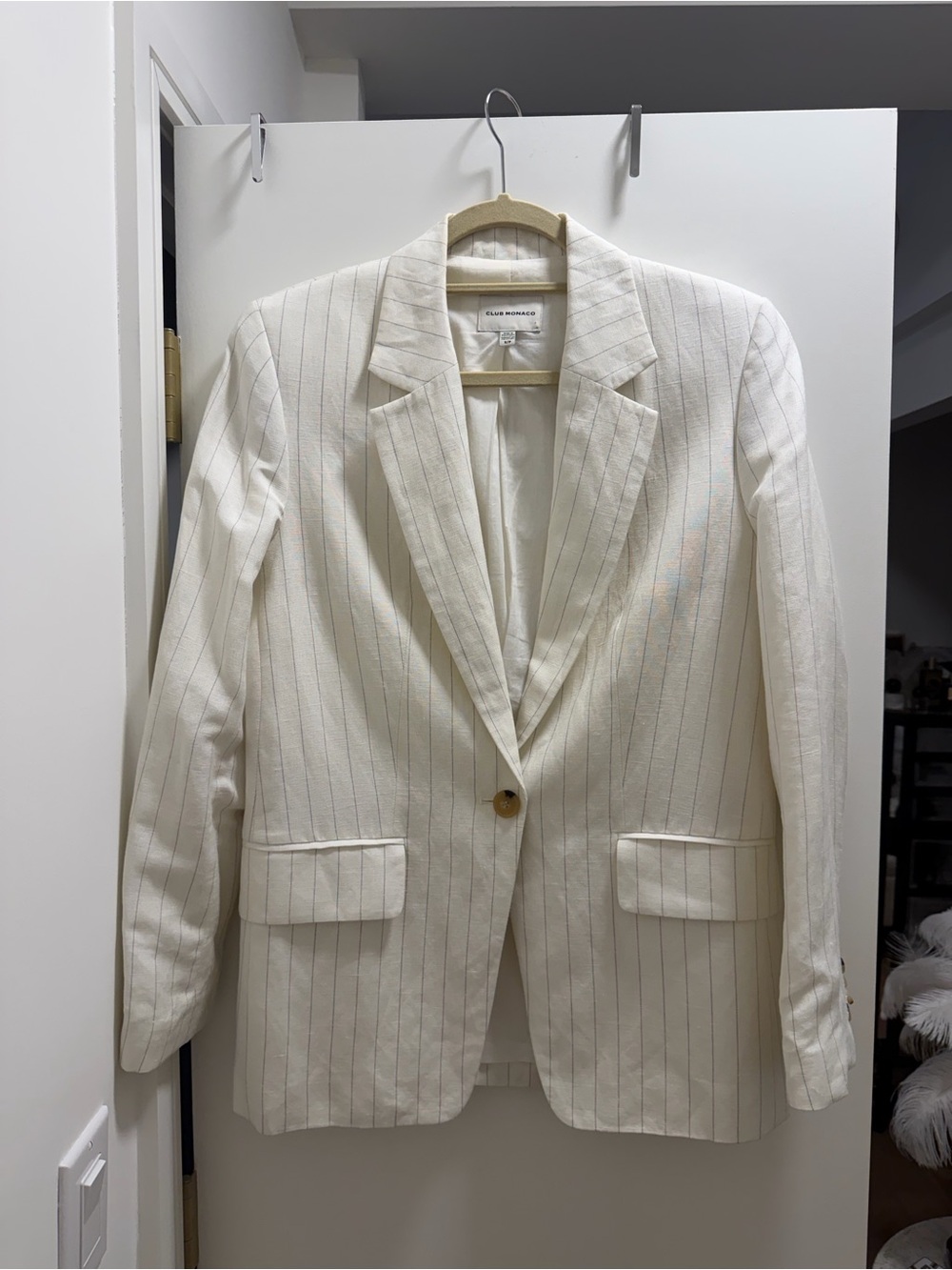 Club Monaco Cream Pinstripe Linen Single Breasted Blazer - Sz S/P